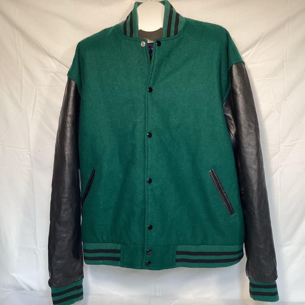 Varsity Wool and Leather Jacket in Forest Green and Black Men’s size 4XL